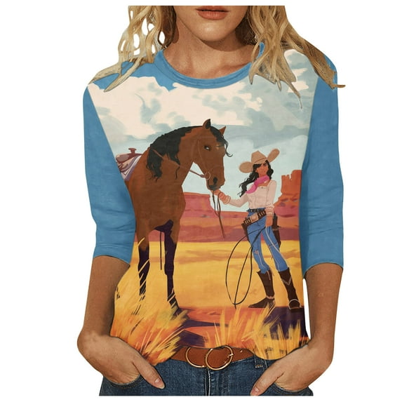 Hvot&aat Women's Vintage Western Cowgirl Horse Print Shirts 2024 Trendy 3/4 Sleeve Crewneck Tops Loose Casual Cowboy Blouse