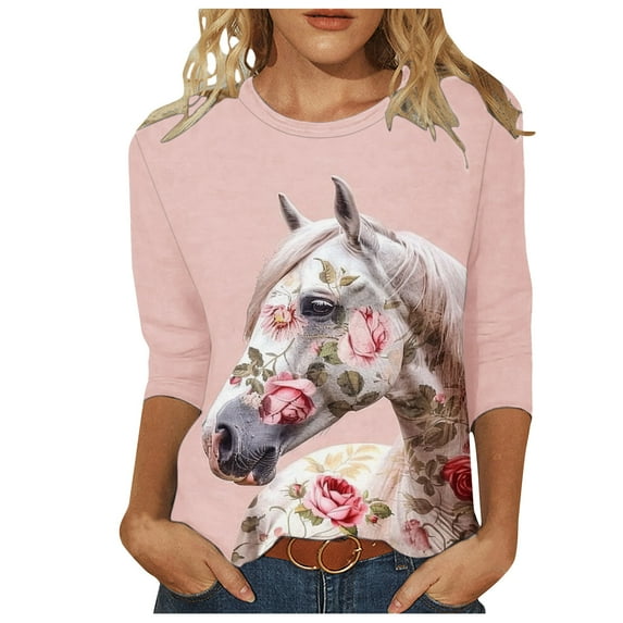 Hvot&aat Women's Vintage Western Cowgirl Horse Print Shirts 2024 Trendy 3/4 Sleeve Crewneck Tops Loose Casual Cowboy Blouse