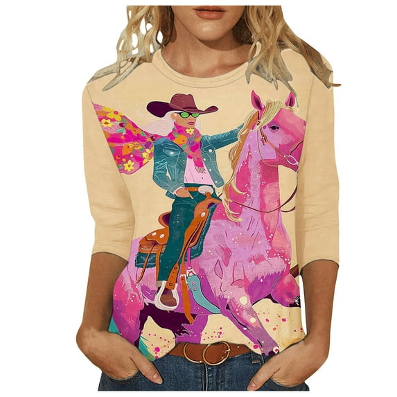 Hvot&aat Women's Vintage Western Cowgirl Horse Print Shirts 2024 Trendy 3/4 Sleeve Crewneck Tops Loose Casual Cowboy Blouse