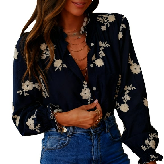 Hvot&aat Women's Y2K Boho Button Down Lantern Sleeve Shirts Vintage Floral Lapel Blouse Work Shirt