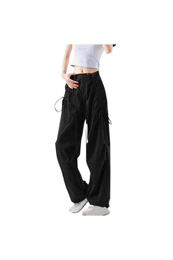 Women's Y2K Irregular Drawstring Front Pants Solid Color Cargo Pants Casual Straight Leg Pants