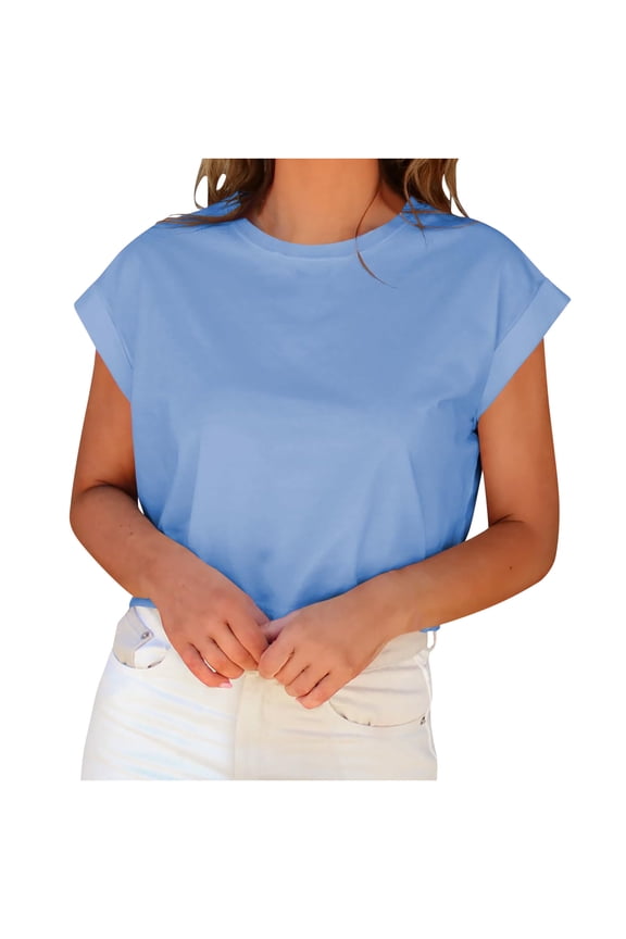 Women's Y2k Fashion Navel Exposed Top Crewneck Rolled Sleeve Loose Fit Tee Shirt Basic Solid Color Blouses