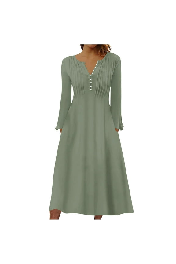 Womens 2025 Casual Dress Button Down V Neck Pleated Long Sleeve Elegant Plain Midi Swing Dresses with Pockets