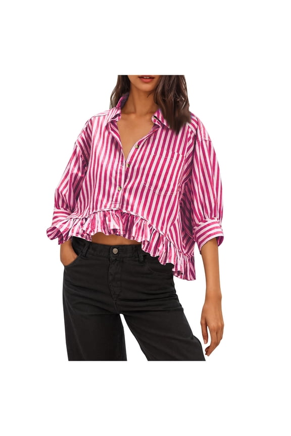 Womens 3/4 Length Sleeve Striped Shirt Loose Fit Button Down Drop Shoulder Blouses Ruffle Hem Top