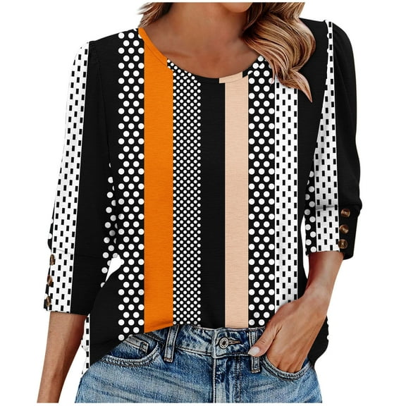 Hvot&aat Womens 3/4 Length Sleeve Tops Plus Size Crewneck Loose Fit Casual Shirts