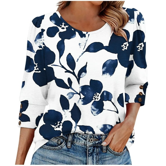 Hvot&aat Womens 3/4 Length Sleeve Tops Plus Size Crewneck Loose Fit Casual Shirts