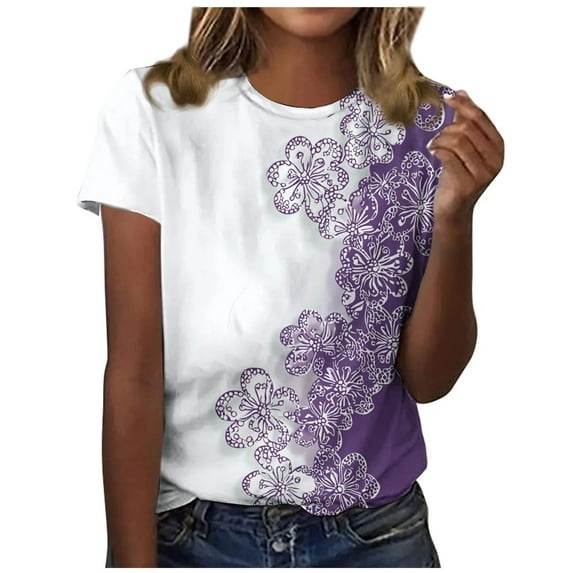 Hvot&aat Womens Alzheimer's Awareness T Shirt Purple Floral Butterfly Print Short Sleeve Pullover Regular Crew Neck Blouses