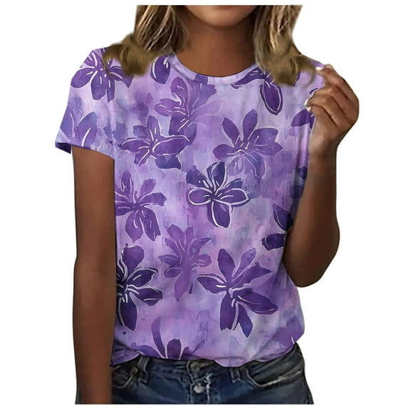 Hvot&aat Womens Alzheimer's Awareness T Shirt Purple Floral Butterfly Print Short Sleeve Pullover Regular Crew Neck Blouses
