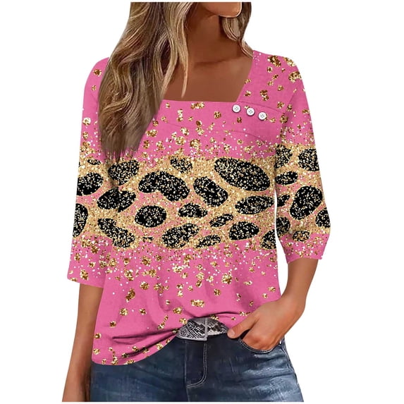 Hvot&aat Womens Asymmetrical Square Neck Button Tops 3/4 Length Sleeve Business Blouses Loose Fit T Shirt