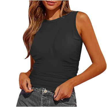 Hvot&aat Womens Basic Side Ruched T-Shirts Round Neck Sleeveless Tank Casual Athletic Summer Beach Vacation Clothes
