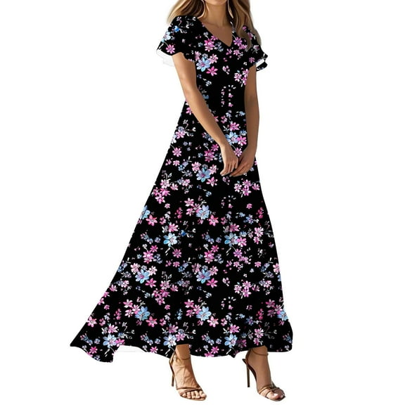 Hvot&aat Womens Beach Maxi Dresses Flutter Sleeve V Neck A Line Flowy Sundress Wedding Guest Dress