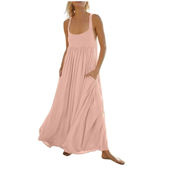 Hvot&aat Womens Bohemian Maxi Dress Casual Summer Scoop Neck Sleeveless Flowy Long Vacation Beach Cami Dresses with Pockets