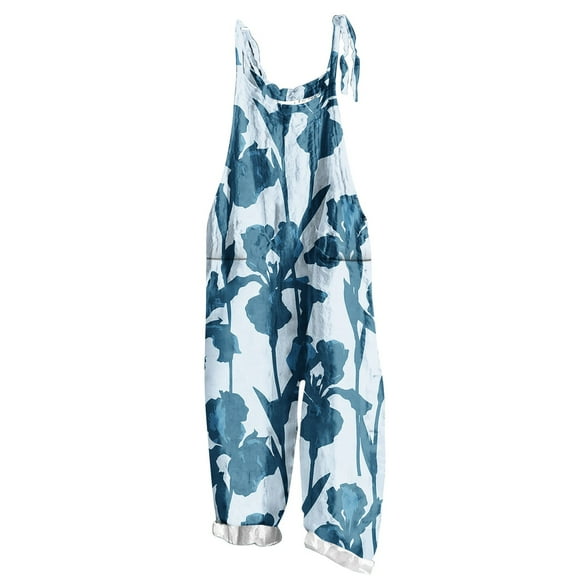 Hvot&aat Womens Boho Floral Jumpsuits Sleeveless Two-pocket Casual Bib Jumpsuit Plus Size Adjustable Rompers Pants