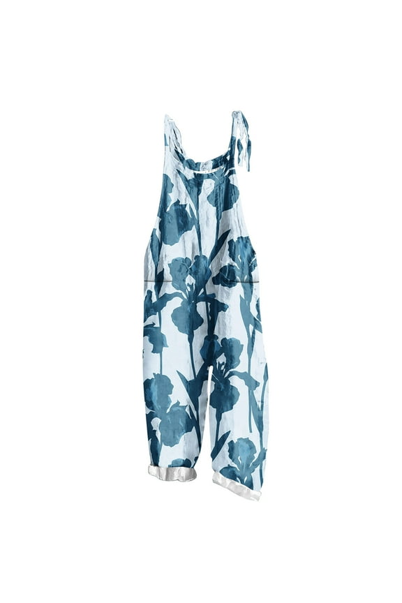 Womens Boho Floral Jumpsuits Sleeveless Two-pocket Casual Bib Jumpsuit Plus Size Adjustable Rompers Pants