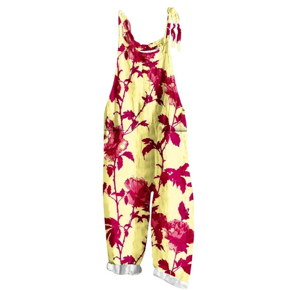 Hvot&aat Womens Boho Floral Jumpsuits Sleeveless Two-pocket Casual Bib Jumpsuit Plus Size Adjustable Rompers Pants
