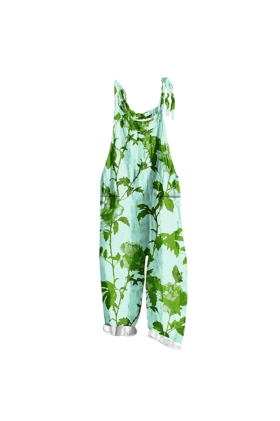 Womens Boho Floral Jumpsuits Sleeveless Two-pocket Casual Bib Jumpsuit Plus Size Adjustable Rompers Pants