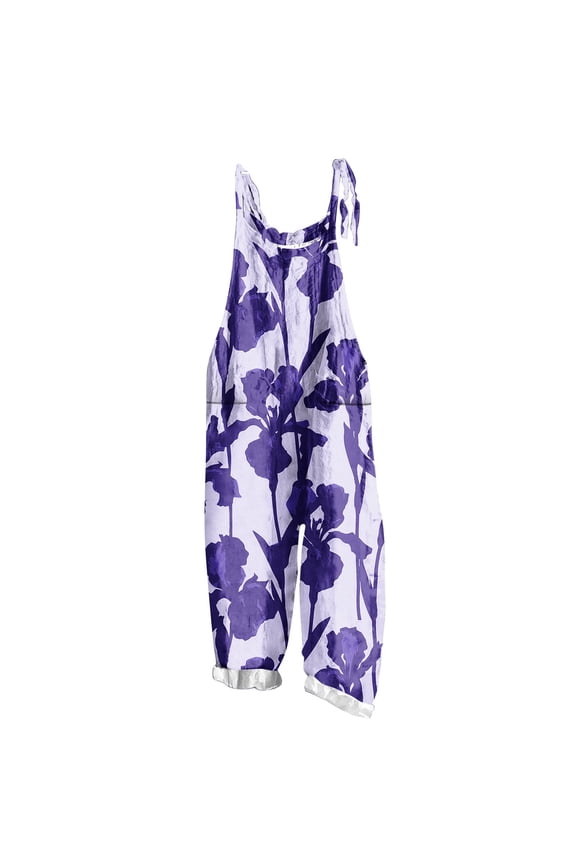 Womens Boho Floral Jumpsuits Sleeveless Two-pocket Casual Bib Jumpsuit Plus Size Adjustable Rompers Pants