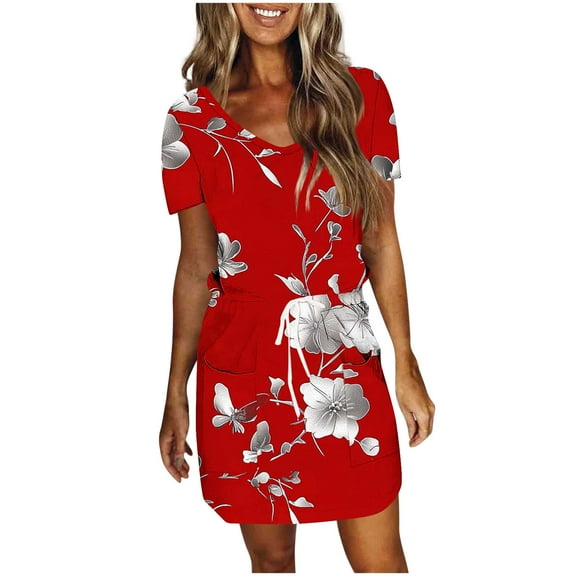 Hvot&aat Womens Casual Printed V-neck Suspender Dress Comfy Casual Drawstring Belt Dress Elegant Summer Beach Dress