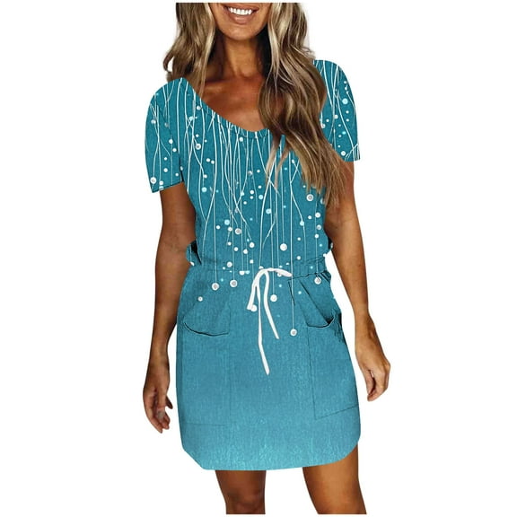 Hvot&aat Womens Casual Printed V-neck Suspender Dress Comfy Casual Drawstring Belt Dress Elegant Summer Beach Dress