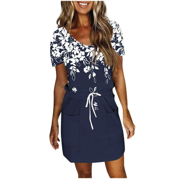 Hvot&aat Womens Casual Printed V-neck Suspender Dress Comfy Casual Drawstring Belt Dress Elegant Summer Beach Dress