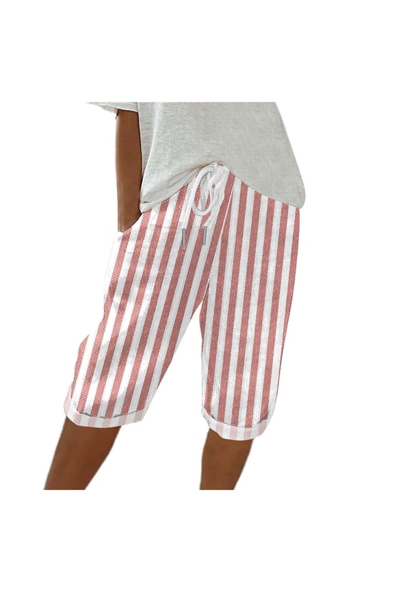 Womens Casual Stripe Half Short Pants Drawstring Elastic Waist Bermuda Shorts Summer Beach Straight Shorts