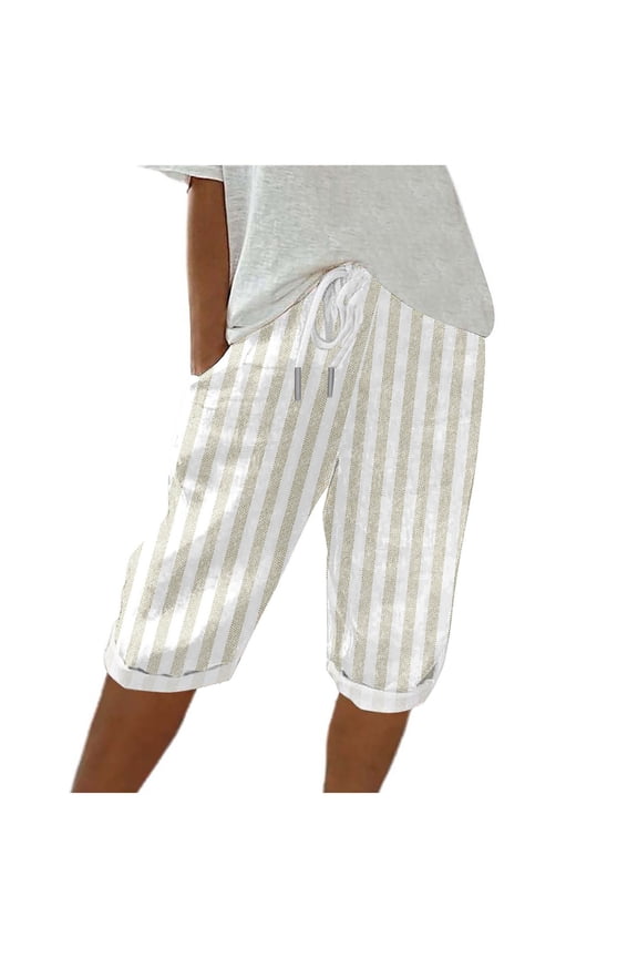 Womens Casual Stripe Half Short Pants Drawstring Elastic Waist Bermuda Shorts Summer Beach Straight Shorts