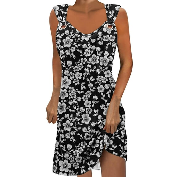 Hvot&aat Womens Casual Summer Sleeveless Dress V Neck O-Ring Shoulder Sundress Vintage Floral Print Short Dresses