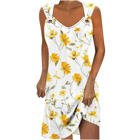 Hvot&aat Womens Casual Summer Sleeveless Dress V Neck O-Ring Shoulder Sundress Vintage Floral Print Short Dresses