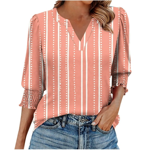 Hvot&aat Womens Casual Vintage Printed Tops V Neck 3/4 Length Sleeve Smocked Cuffs Blouses Tunics T-shirt