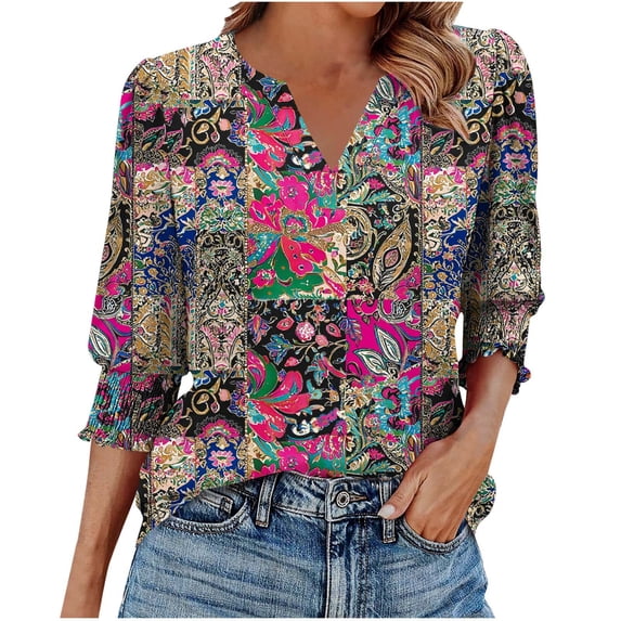 Hvot&aat Womens Casual Vintage Printed Tops V Neck 3/4 Length Sleeve Smocked Cuffs Blouses Tunics T-shirt