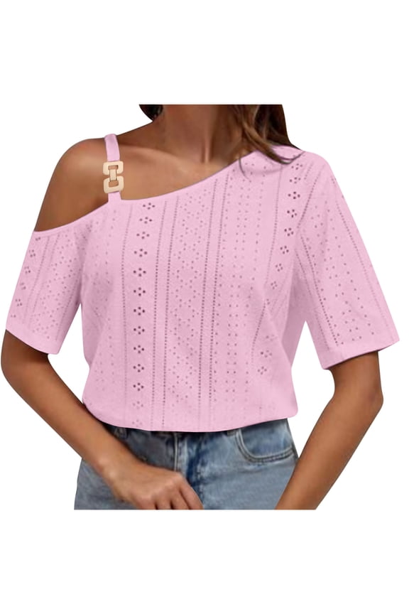 Womens Cold Shoulder Eyelets Tops 2025 Summer Dressy Chain Strap T-Shirts Short Sleeve Ladies Going Out Blouses