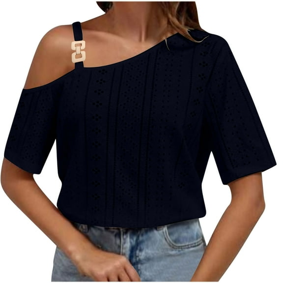 Hvot&aat Womens Cold Shoulder Eyelets Tops 2025 Summer Dressy Chain Strap T-Shirts Short Sleeve Ladies Going Out Blouses