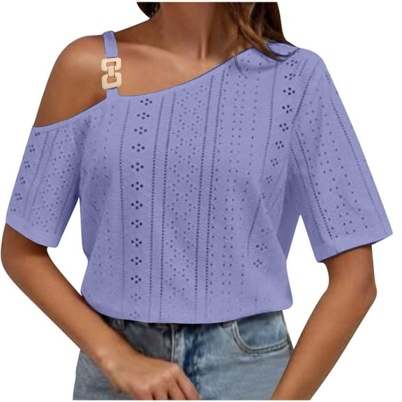 Hvot&aat Womens Cold Shoulder Eyelets Tops 2025 Summer Dressy Chain Strap T-Shirts Short Sleeve Ladies Going Out Blouses