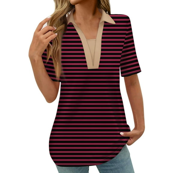 Hvot&aat Womens Collared Tops for Work Loose Fit V Neck Golf Shirts Trendy Ladies Short Sleeve Summer Tunic Blouses