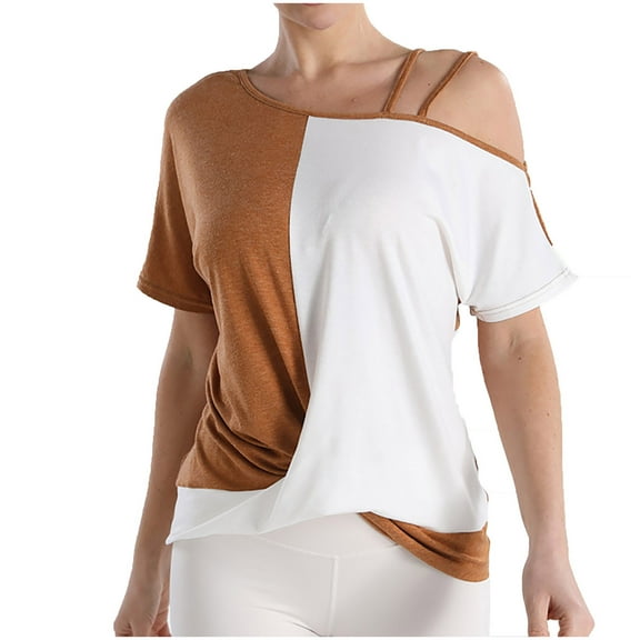 Hvot&aat Womens Colorblock Cold Shoulder Tops 2025 Summer Dressy Twist Front Shirts Loose Ladies Going Out Tunic Blouses