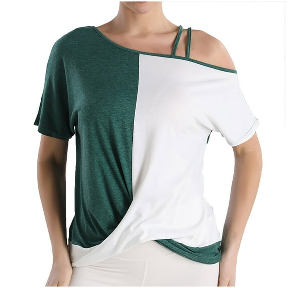 Hvot&aat Womens Colorblock Cold Shoulder Tops 2025 Summer Dressy Twist Front Shirts Loose Ladies Going Out Tunic Blouses