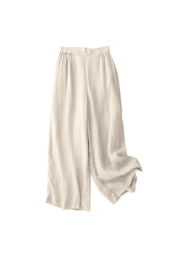 Womens Cotton Linen Cropped Pants Elastic Waist Casual Wide Leg Trousers Solid Color Beach Pants