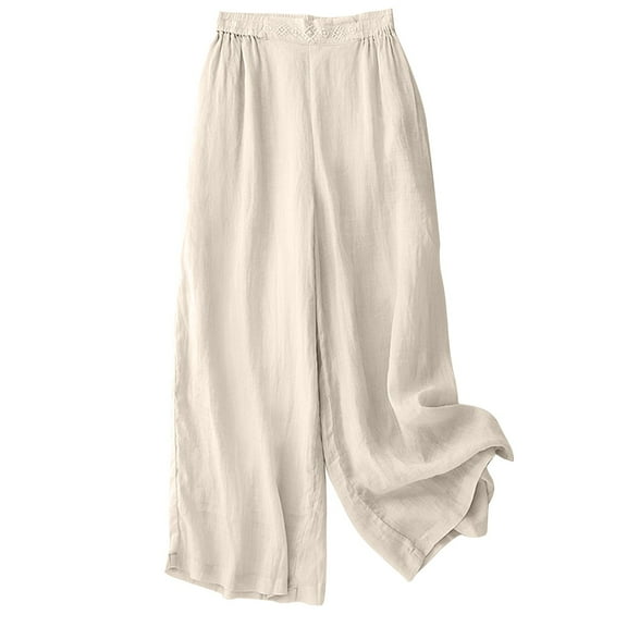 Hvot&aat Womens Cotton Linen Cropped Pants Elastic Waist Casual Wide Leg Trousers Solid Color Beach Pants