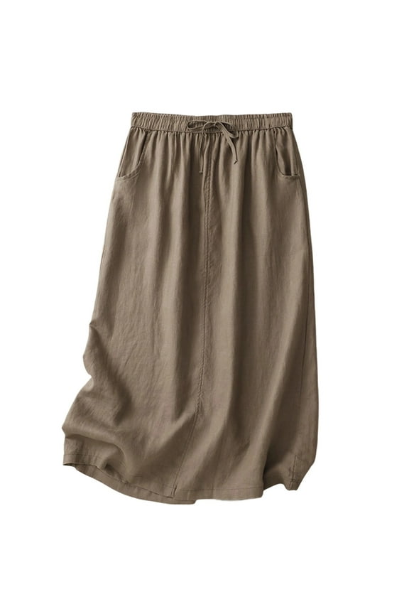 Womens Cotton Linen Skirts Spring Summer A Line Midi Skirt Drawstring Elastic High Waist Half Length Skirt