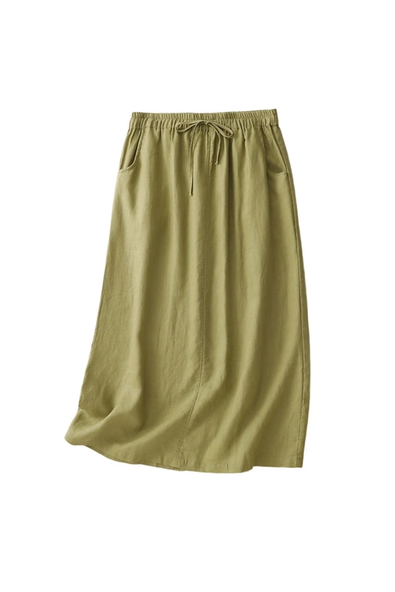 Womens Cotton Linen Skirts Spring Summer A Line Midi Skirt Drawstring Elastic High Waist Half Length Skirt
