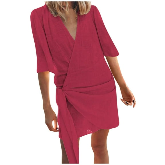 Hvot&aat Womens Cotton Linen Wrap Tie Side Dress Loose Fit V Neck Half Sleeve Casual Summer Solid Pencil Mini Dresses