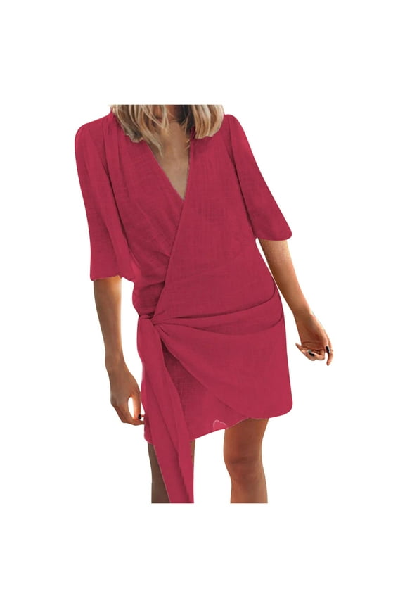 Womens Cotton Linen Wrap Tie Side Dress Loose Fit V Neck Half Sleeve Casual Summer Solid Pencil Mini Dresses