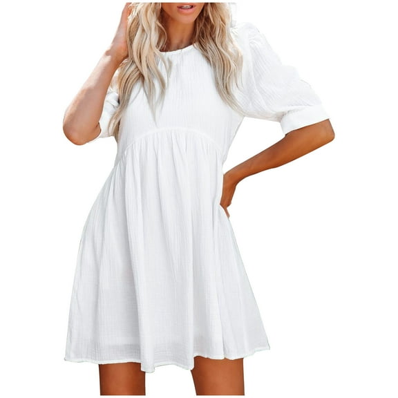 Hvot&aat Womens Cute Puff Sleeve Mini Dress, Crewneck Ruffle Elastic Waist A-Line Elegant Summer Casual Flowy Dresses