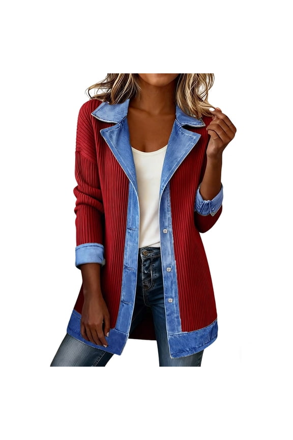Womens Denim Collared Patchwork Ribbed Jacket Button Down Long Sleeve Slim Fit Sweatshirt Cardigan