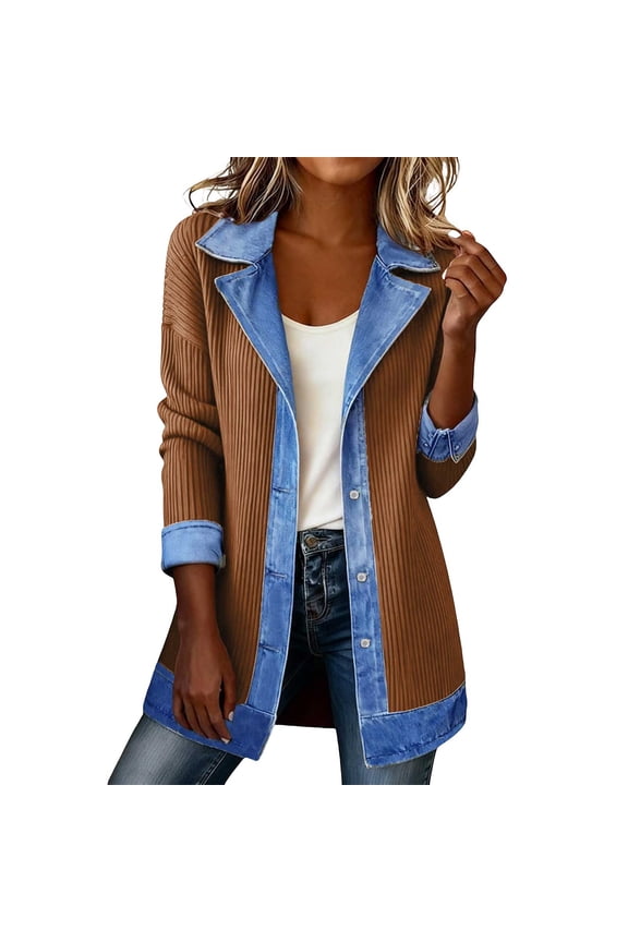 Womens Denim Collared Patchwork Ribbed Jacket Button Down Long Sleeve Slim Fit Sweatshirt Cardigan