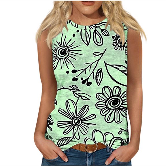 Hvot&aat Womens Flower Print Tank Tops Summer Casual Crew Neck Sleeveless T-Shirts Loose Fit Breathable Blouse
