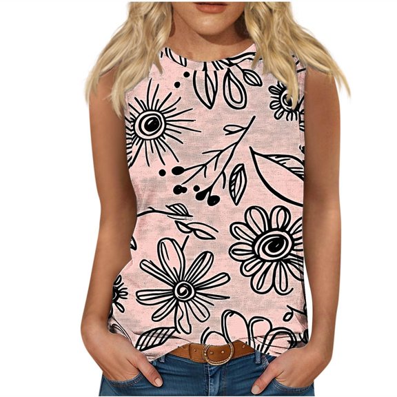 Hvot&aat Womens Flower Print Tank Tops Summer Casual Crew Neck Sleeveless T-Shirts Loose Fit Breathable Blouse