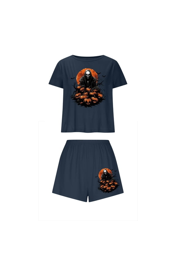 Womens Halloween Pajamas Short Set Spooky Season Graphic Cute Tops and Shorts Loungewear