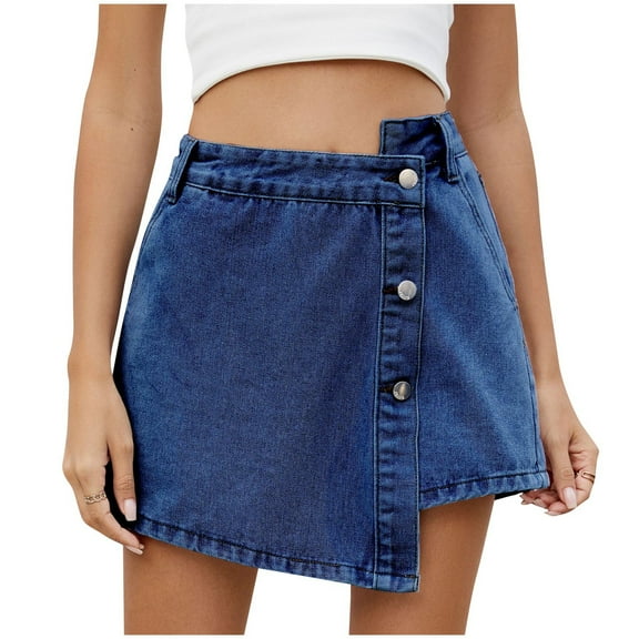 Hvot&aat Womens Jean Skorts High Waisted Button Front Denim Skort Asymmetrical Hem Skirt Shorts Trendy Slit Mini Shorts