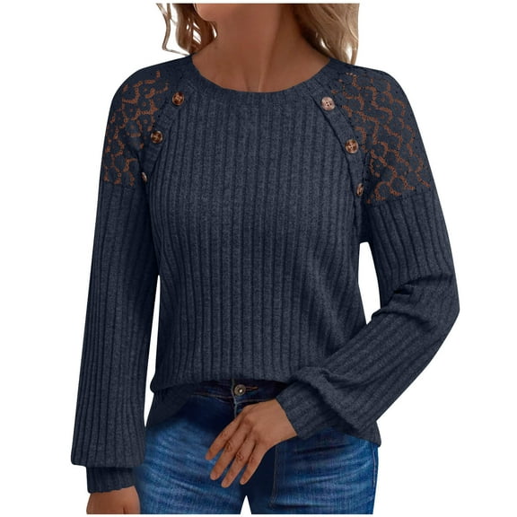 Hvot&aat Womens Lace Patchwork Pullover Solid Color Crew Neck Long Sleeve Blouses Business Casual Slim Fit Tops